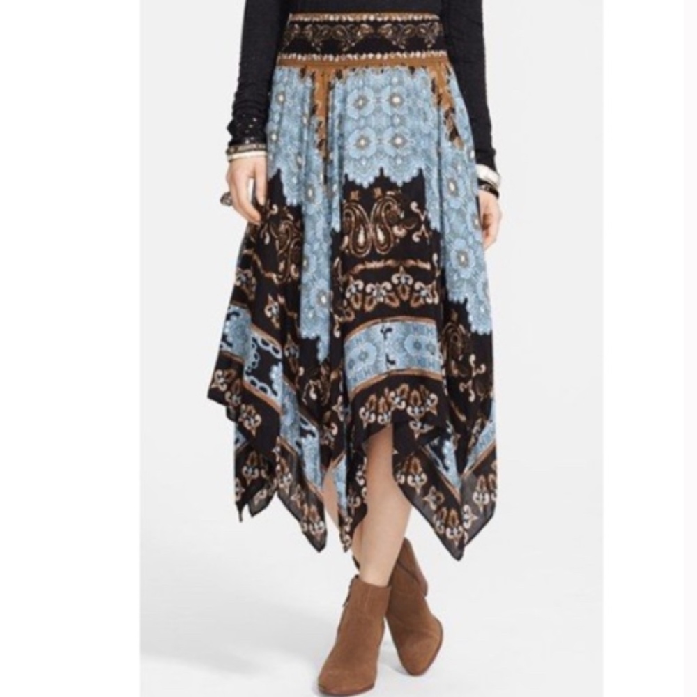 Free People Black and Light Blue Handkerchief Hem Midi Skirt